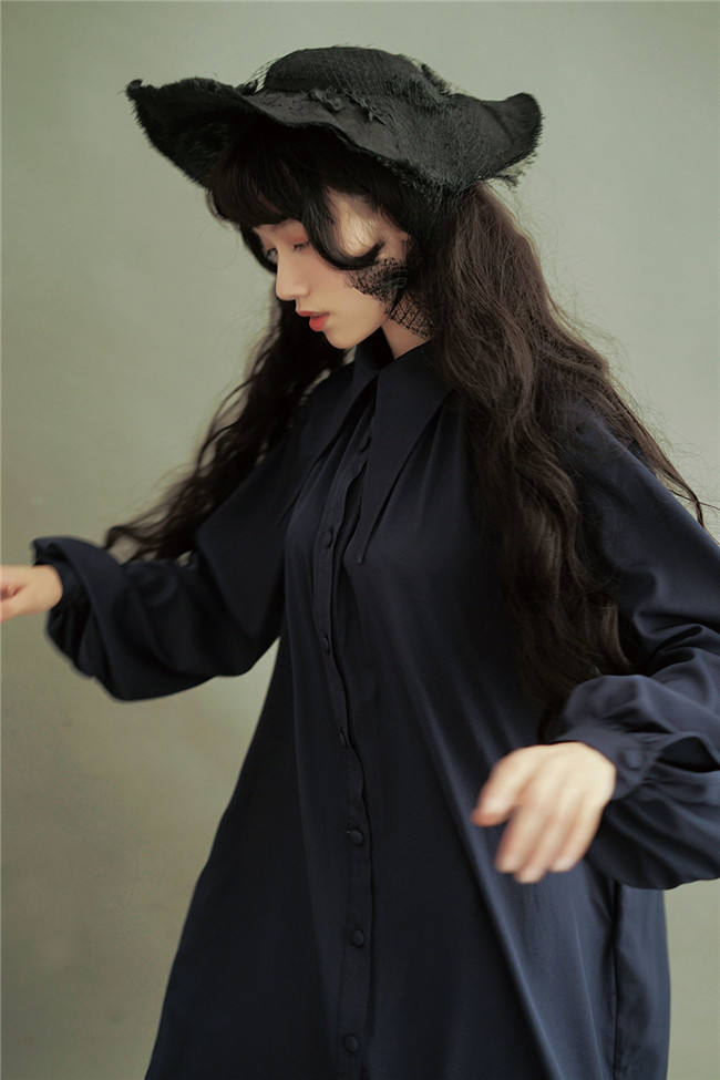 Vintage Unicolor Wing Collar Lolita OP Dress - Ready Made Navy M In Stock