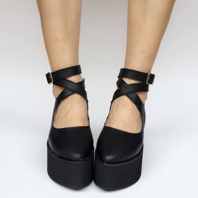 High Platfrom Black Lolita Cowhide Shoes