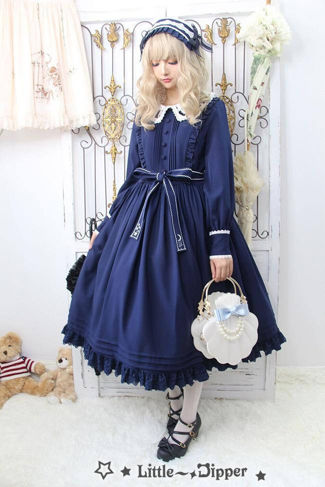 Little Dipper  ~Cat + Moon + Stars~ Embroidery Lolita Long Sleeves OP Dress - In Stock