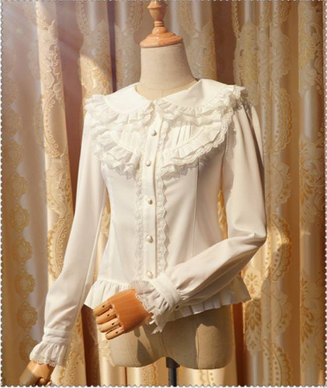 Elegant Cambric Chiffon Long Sleeves Lolita Blouse Black Size XL In Stock