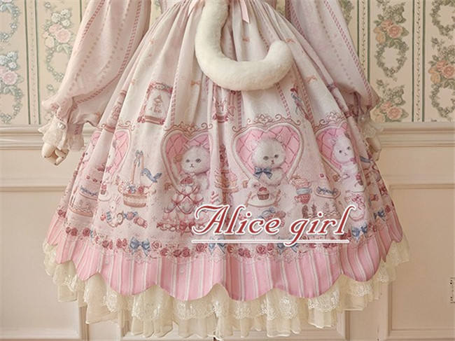 Alice Girl ~The Kitty's Tea Party Sweet Lolita OP/Salopette -Pre-order Pink Size S - In Stock