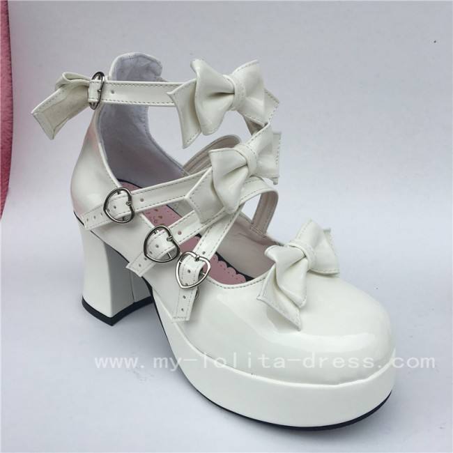 Sweet White Glossy Bows Straps Lolita Shoes