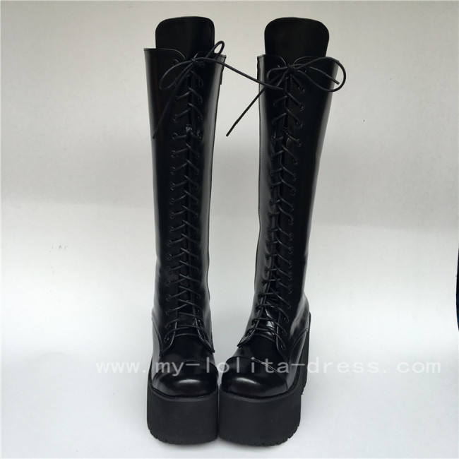 Black Matte Lace Up Knee Lolita Cylinder Boots