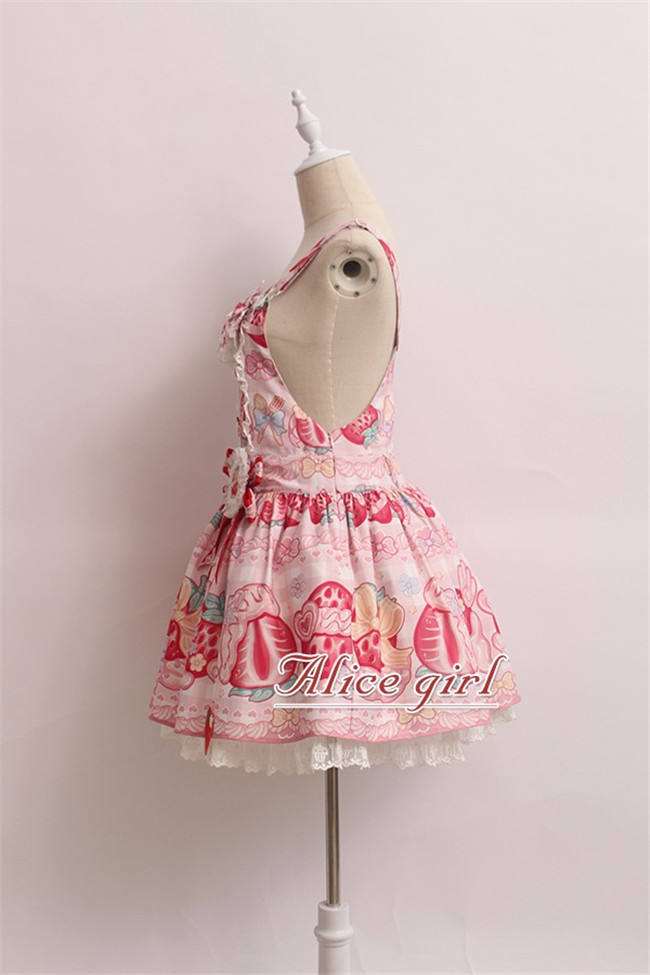 Alice Girl ~Strawberry With Cream~ Sweet Lolita Salopette + Badage -Pre-order