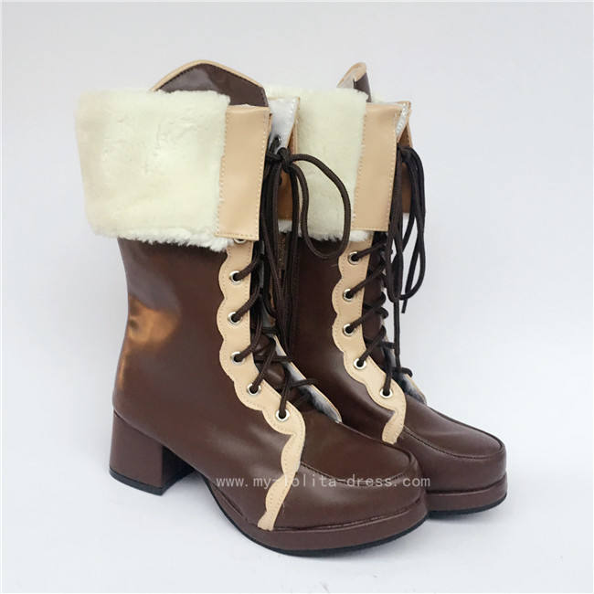 Sweet Pearl Pink Lolita Winter Mid-calf Boots with Beige Lace