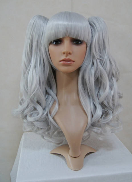Silvery Grey Girls Curly Lolita Long Wig with 2 Ponytails