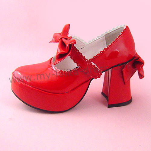Red Shiny Bow Lolita Shoes