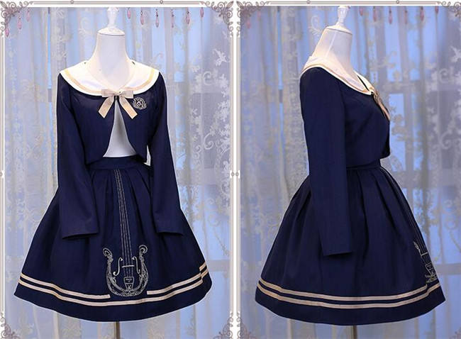 Magic Music School~ College Style Bass Embroidery Lolita Coat + Skirt Set