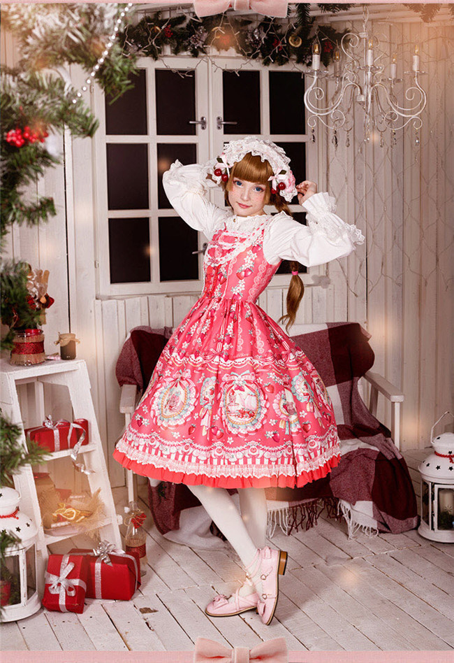 Strawberry Bunny~ Lolita Printed JSK Dress With Detachable Apron