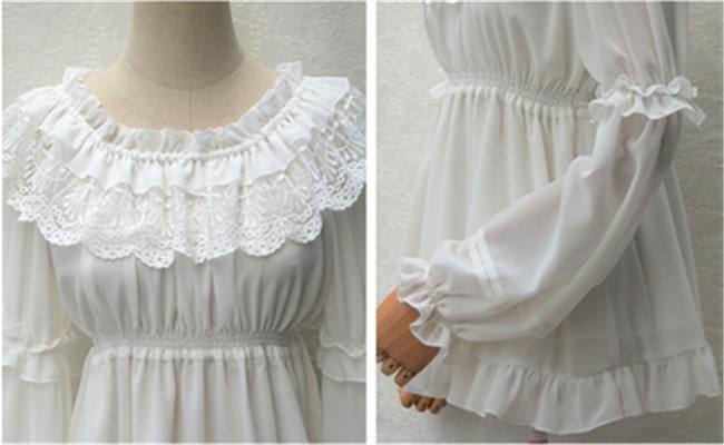 Sweet Lace Chiffon Long Sleeves Round Collar Lolita Blouse White Average