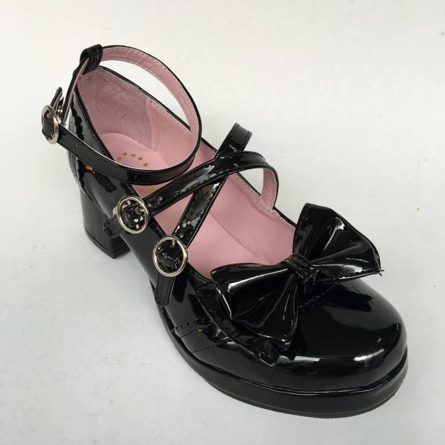 Black Bows Crossed Straps Matte Lolita Shoes Classic