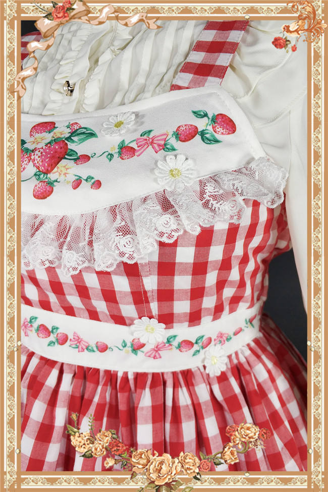 Strawberry Gingham Pure Cotton Lolita JSK Dress +Headbow