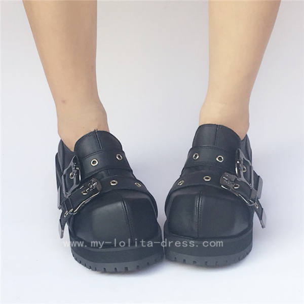 Black Square Heels Cowhide Lolita Shoes
