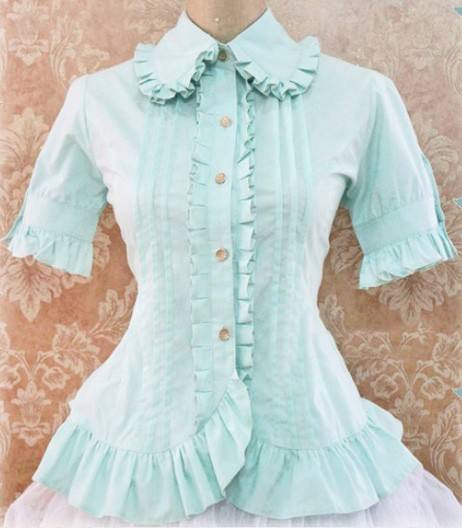 Cotton Short Sleeves Ruffles Bows Lolita Shirt 7 Colors Pink S & Khaki M - In Stock