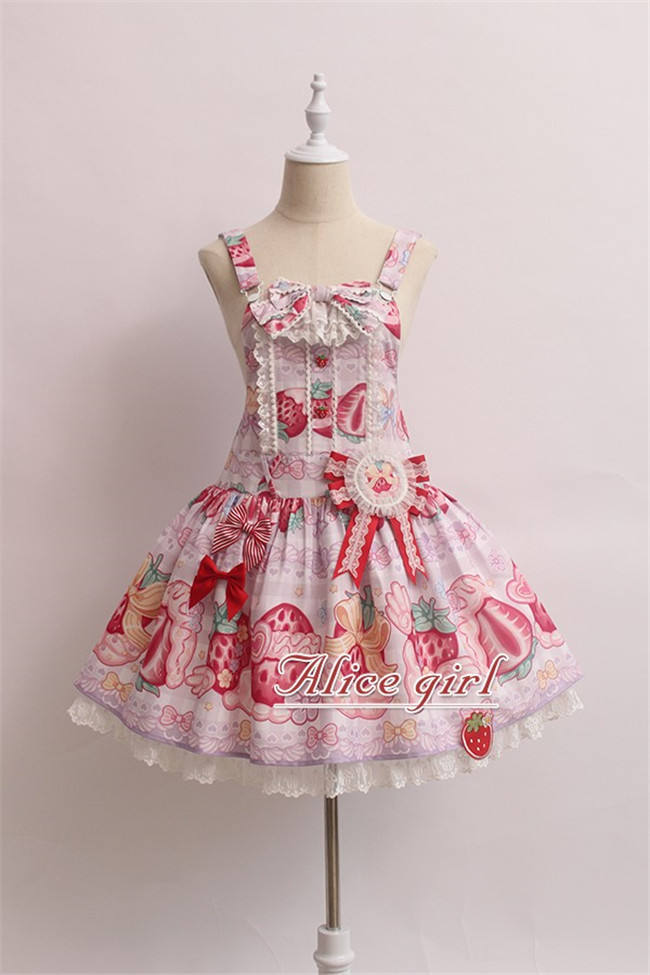 Alice Girl ~Strawberry With Cream~ Sweet Lolita Salopette + Badage -Pre-order