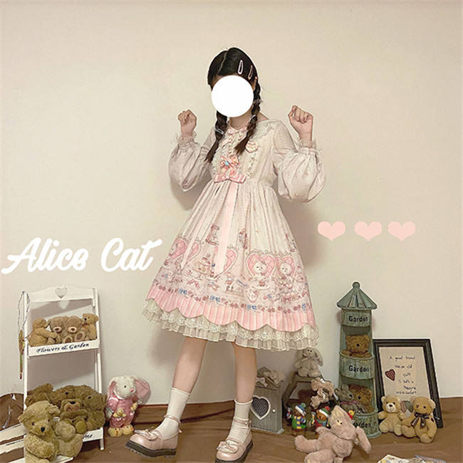 Alice Girl ~The Kitty's Tea Party Sweet Lolita OP/Salopette -Pre-order Pink Size S - In Stock