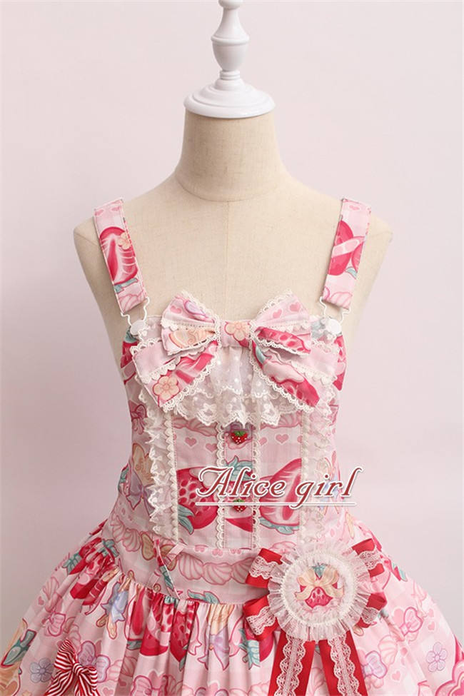 Alice Girl ~Strawberry With Cream~ Sweet Lolita Salopette + Badage -Pre-order