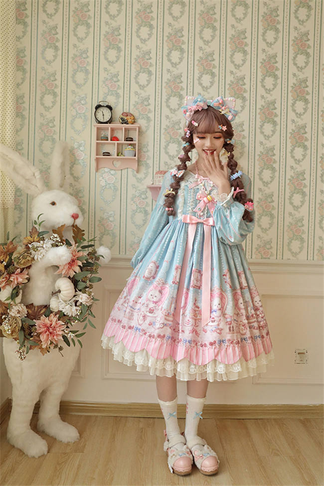 Alice Girl ~The Kitty's Tea Party Sweet Lolita OP/Salopette -Pre-order Pink Size S - In Stock