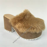 Light Camel Sqaure Heels Shoes with Furs