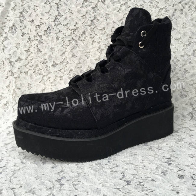 Gothic Black Velvet Lolita Short Boots with Lace and Furs