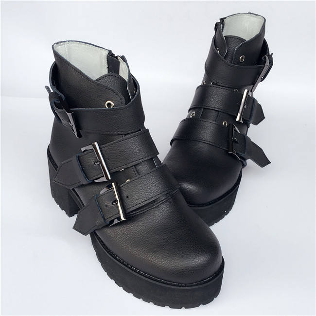 Matte Black Buckles Lolita Short Boots