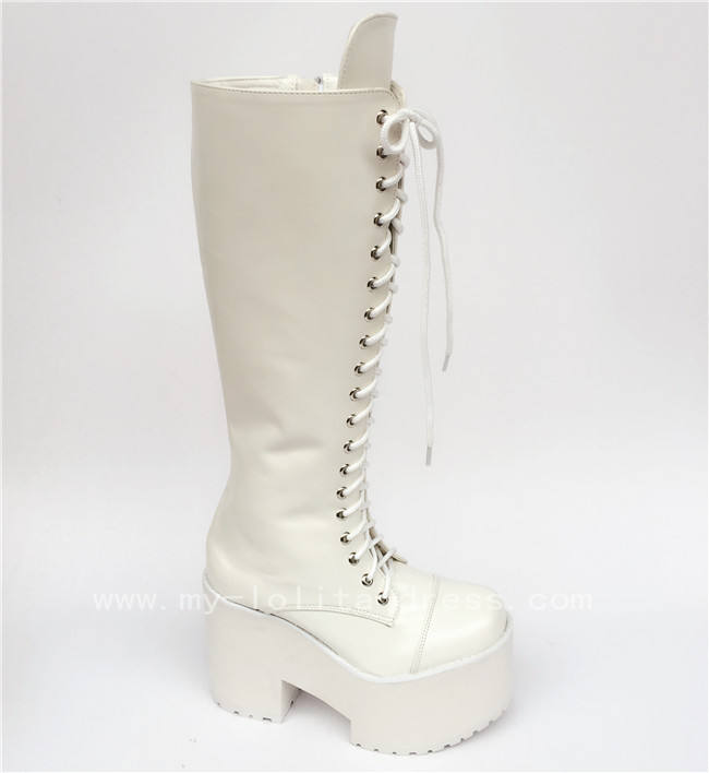 Black Matte Lace Up Knee Lolita Cylinder Boots