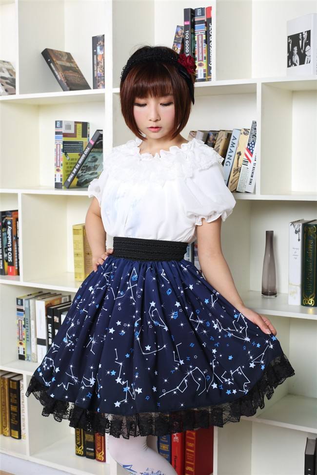 Sweet Dark Blue Constellation Printed Lolita Pleated Skirt