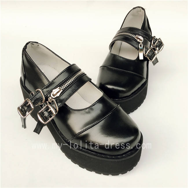 Black Matte HIgh Platform Lolita Shoes with Zipper Upper