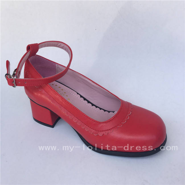 Elegant Red Matte Lolita Square Heels Shoes