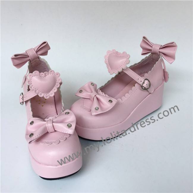 Sweet Glossy Pink Hearts bows High Platform Shoes