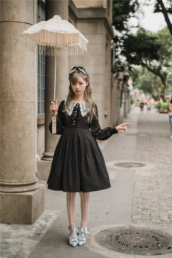 Little Dipper Embroidery Collar Long Sleeves Lolita OP -Ready Made Black Short Version Size M In Stock
