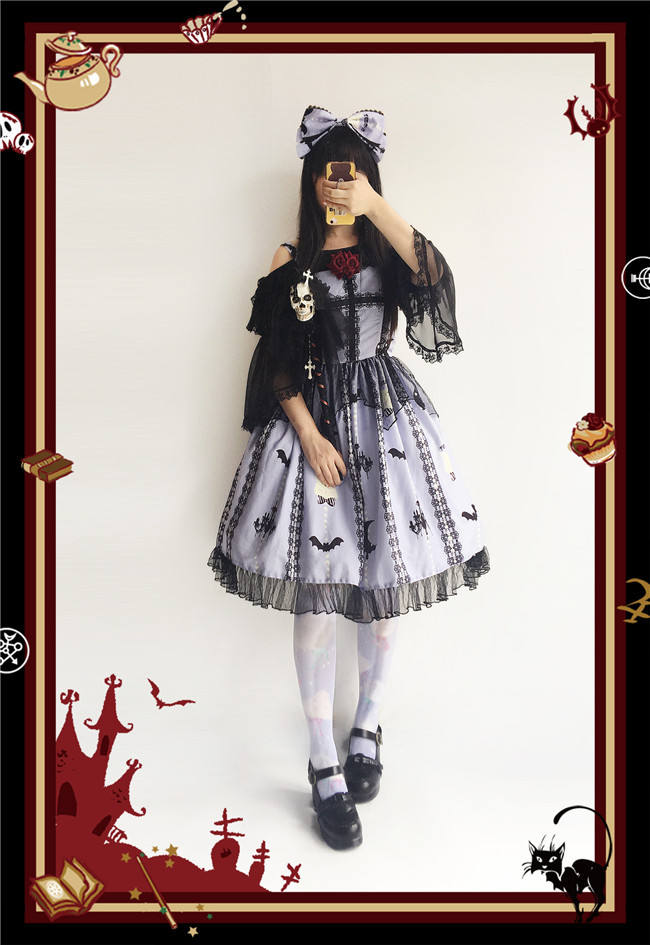 The Cat Cross~ Halloween Lolita JSK Dress + Headbow Navy Blue Size M - In Stock