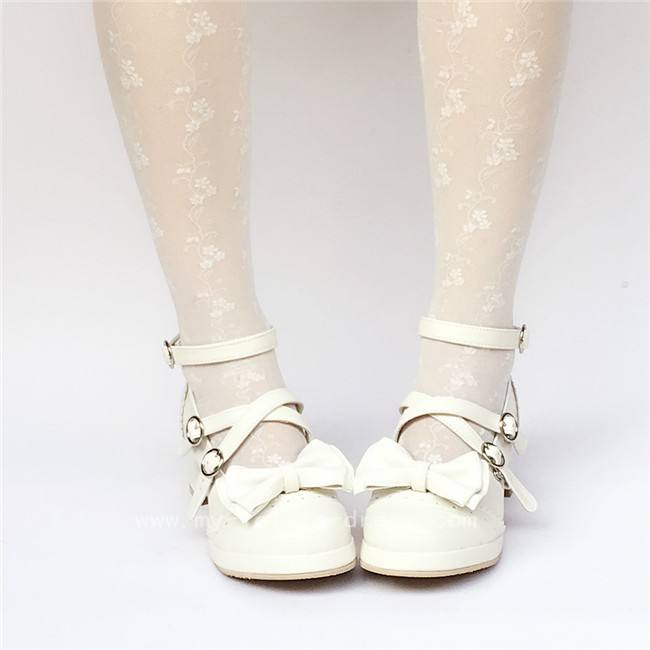 Black Bows Crossed Straps Matte Lolita Shoes Classic