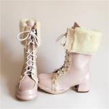 Sweet Pearl Pink Lolita Winter Mid-calf Boots with Beige Lace