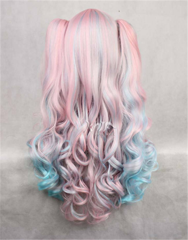 Pink to Blue Gradient Cosplay Long Curls Wig with Two Detachable Ponytails