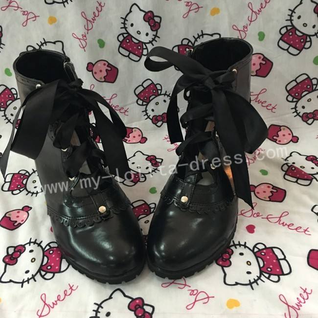 Sweet Matte Black Lolita Heels Boots with Laces