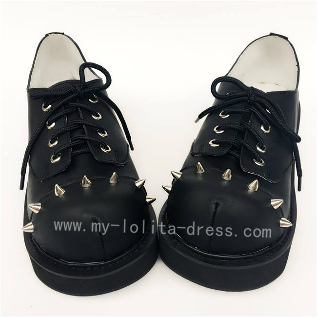 High Platform Black Real Leather Rivets Punk Lolita Shoes
