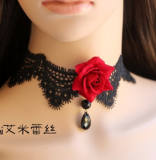 Gothic Black Lace Choker Bold Red Rose-out