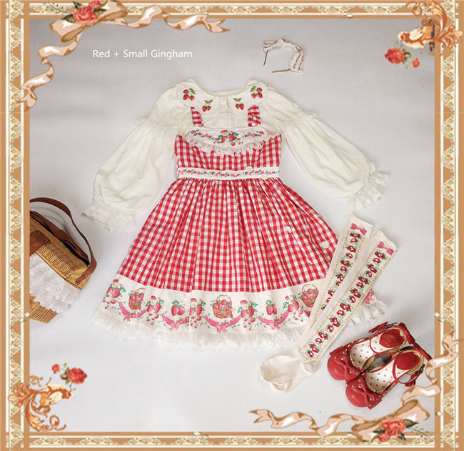 Strawberry Gingham Pure Cotton Lolita JSK Dress +Headbow