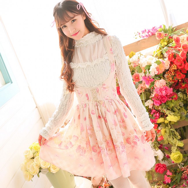 Strawberry Printed High Waist Lolita Jumper Dress $36.99-Lolita