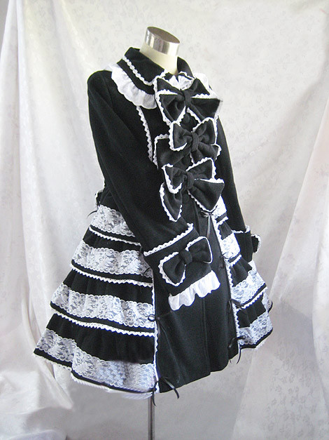 Classic Long Sleeves Black Lolita Coat with White Ruffles Lace Bows $79 ...