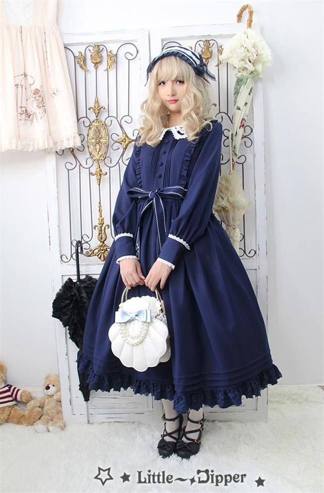 Little Dipper  ~Cat + Moon + Stars~ Embroidery Lolita Long Sleeves OP Dress - Ready Made