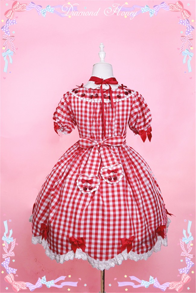 Diamond Honey -Miss Cherry- Red Gingham Hearts Embroidery Lolita