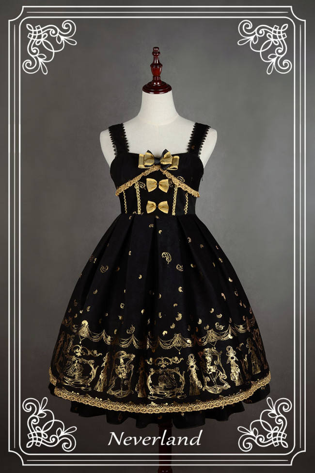 Neverland Lolita ~Golden Swan Lake~ Gold Stamping Thick Lolita JSK Black M - In Stock