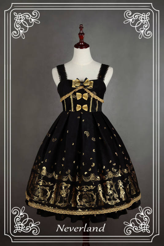 Neverland Lolita ~Golden Swan Lake~ Gold Stamping Thick Lolita JSK Black M - In Stock