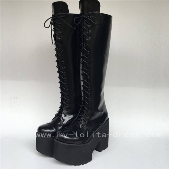 Black Matte Lace Up Knee Lolita Cylinder Boots