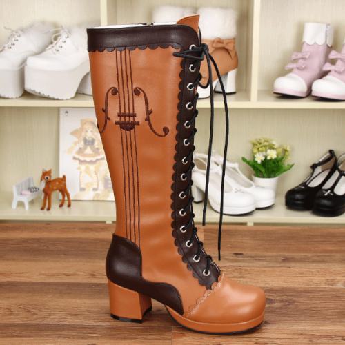 Angelic Imprint- Punk Style Lace-up Knee Lolita High Boots with Side Zip  $7299-Footwear