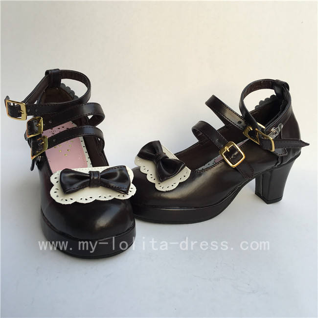 Sweet Coffee with White Bow Straps Lolita Heel Shoes