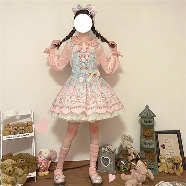 Alice Girl ~The Kitty's Tea Party Sweet Lolita OP/Salopette -Pre-order Pink Size S - In Stock