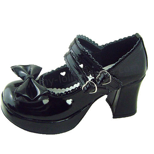 Black Top Bow Lolita Shoes White Trim